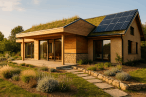 Architecture-écologique d'une maison bioclimatique avec toiture végétalisée et panneaux solaires