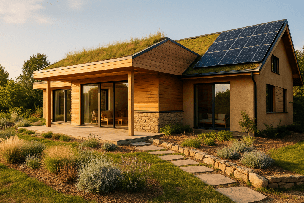 Architecture-écologique d'une maison bioclimatique avec toiture végétalisée et panneaux solaires